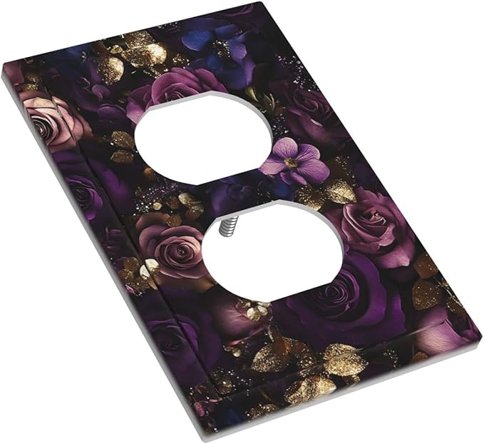 Decorative Outlet Covers with Luxurious Purple Roses Gold Accents Leaves Design 1 Gang Duplex Light Switch Cover Plate Unique Wall Plates Switchplate Cover for Romantic Bedroom/Living Room