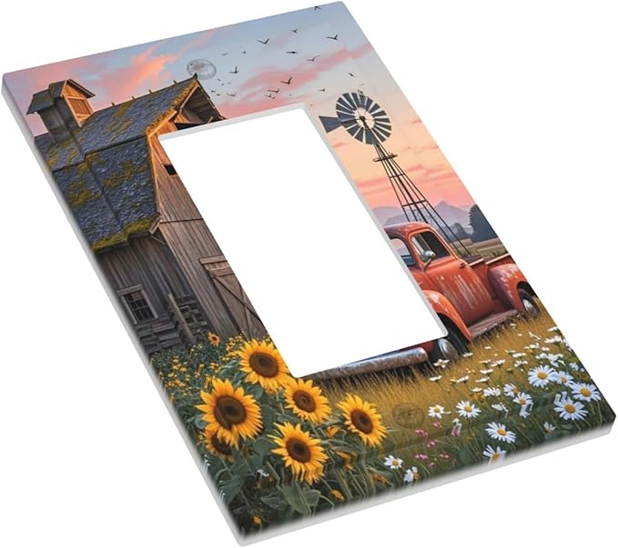 Rustic Barn Red Truck Windmill Sunflower Decorative Outlet Covers 1 Gang Single Rocker Light Switch Cover Plate Wall Plates GFCI Faceplate for Farmhouse Home Decor
