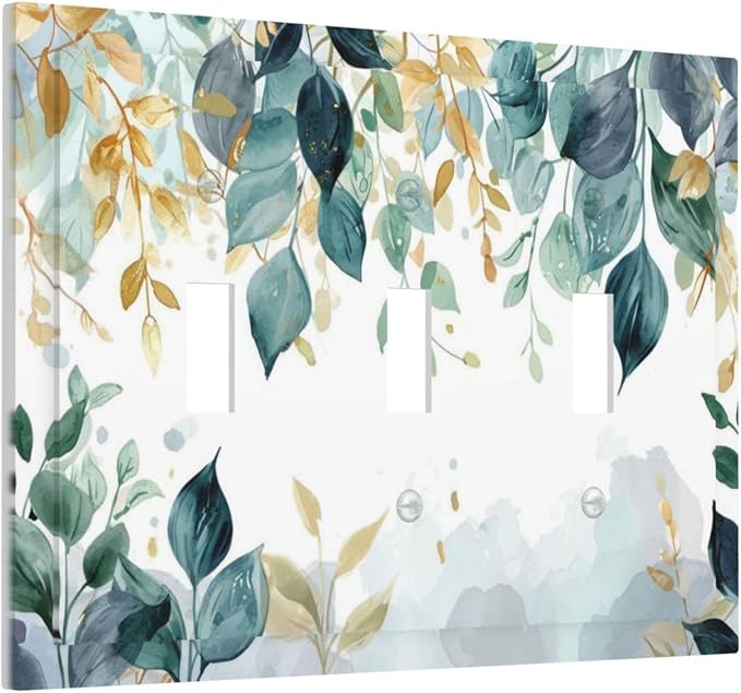 Boho Goldgreen Leaf Botanical Eucalyptus Leaves Decorative Switch Plates 3 Gang Wall Plate Triple Toggle Light Switch Cover Faceplate Electrical Wall Panels for Bedroom Living Room Decor