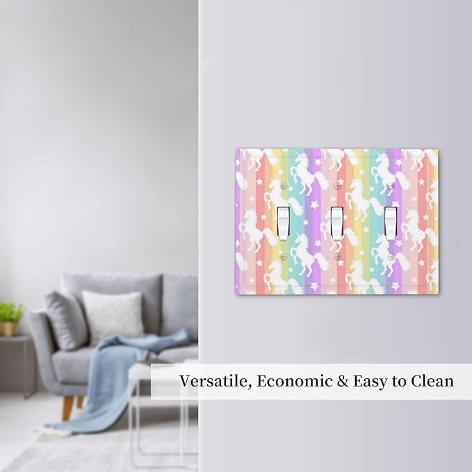 Colorful Cartoon Stars Girly Pink Purple Rainbow Unicorn Theme 3 Gang Triple Toggle Decorator Outlet Light Switch Cover Fantasy Girl Kid Play Bedroom Decorative Switch Face Wall Plates