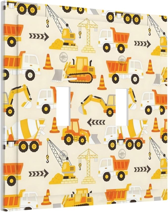 Decorative Light Switch Cover Plate Construction Vehicle Yellow Trucks Diggers 2 Gang Outlet Covers Double Toggle Wall Plates for Electrical Switch Plate Covers Faceplate for Home Decor