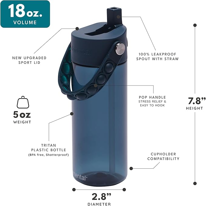 Elemental Water Bottles for Kids - Splash Kids Water Bottle for School with Pop-it Handle - BPA Free Tritan Plastic Water Bottle with Straw Leak Proof when Spout is Closed - Navy Blue - 18oz