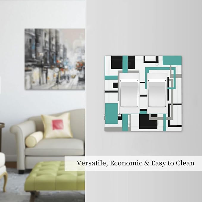 Geometric Turquoise Black Gray Modern Abstract Boho Decorative Outlet Covers 2 Gang Double GFCI Rocker Electrical Wall Panels Light Switch Cover Plate for Office Nursery Decor