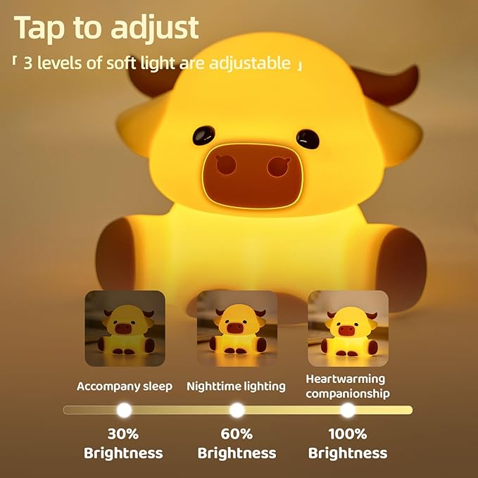 Cattle Night Light for Kids, Squishy Silicone 3-Level Dimmable Touch Control Cute Nightlight with Timer, Portable USB Rechargeable Nursery Pink Night Lamp Gifts for Baby, Toddler Room Decor
