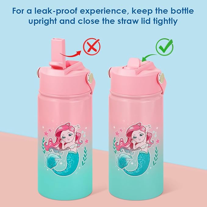SANDJEST Kid Water Bottle 12oz with Straw Lid - 2-Pack Insulated Stainless Steel Water Bottles for Kids Girls - Travel Cup for School Sports, Unicorn & Mermaid