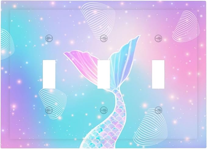 Mermaid 3 Gang Light Switch Cover Rainbow Tail Scales Jelly Fish Triple Toggle Wall Plate Decorative Electrical Switchplates Faceplate for Nursery Girls Boys Room Kids Room Decor