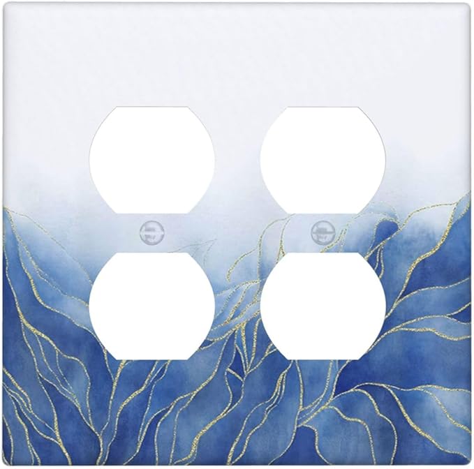Decorative Light Switch Cover Plate Blue Gold Leaf Marble Modern Abstract 2 Gang Decorative Switch Plates 1 Toggle Duplex Combo Outlet Covers GFCI Plug Covers Wallplates for Kitchen Bathroom Decor