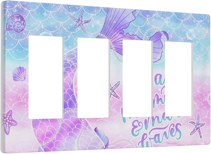 Purple Mermaid Tail Scales 4 Gang Quad Rocker/GFCI/Decorator Light Switch Cover Plate Decorative Electric Faceplate Decorative Switchplate Screwless