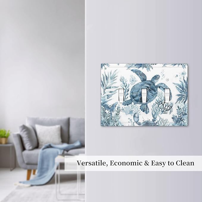 Blue Sea Turtle Coastal Coral Beach Crab Seaweed Decorative Switch Plates 3 Gang Wall Plate Triple Toggle Light Switch Cover Faceplate Electrical Wall Panels for Kids Room Bathroom Decor