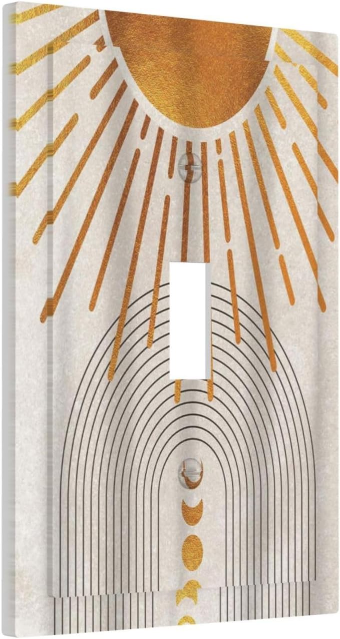 Mid Century Gold Sun Abstract Arch Boho Moon 1 Gang Light Switch Covers Decorative Unique Single Toggle Wall Plate Switchcover Electrical Switchplate for Kitchen Bathroom Bedroom Decor
