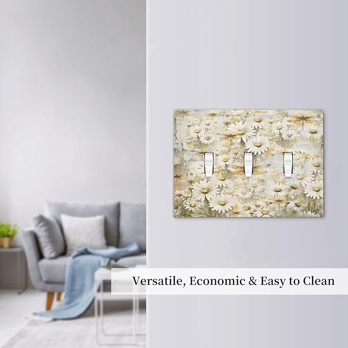 Vintage Letter Paper Wildflowers Dragonfly Daisy Floral Decorative Switch Plates 3 Gang Wall Plate Triple Toggle Light Switch Cover Faceplate Electrical Wall Panels for Farmhouse Bedroom Decor