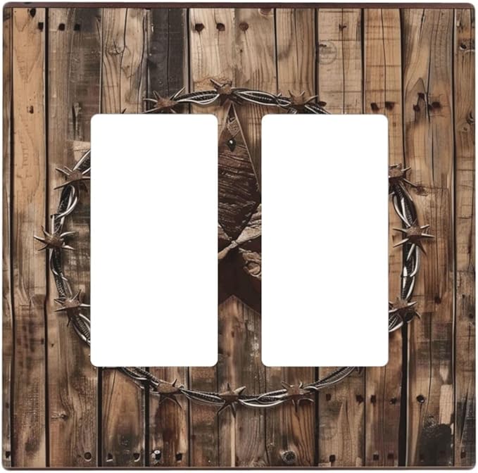 Outlet Covers Rustic Star Western Cowboy Wood 1 Gang Duplex Light Switch Cover Plate Decorative Wall Plates Electrical Switchplate Receptacle for Farmhouse Home Decor（2 Pack）