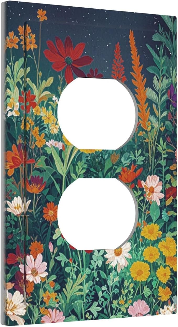 Decorative Outlet Covers with Wildflowers & Stars Botanical Floral Art Design 1 Gang Duplex Light Switch Cover Plate Unique Wall Plates Switchplate Cover for Garden Theme Wall Decor