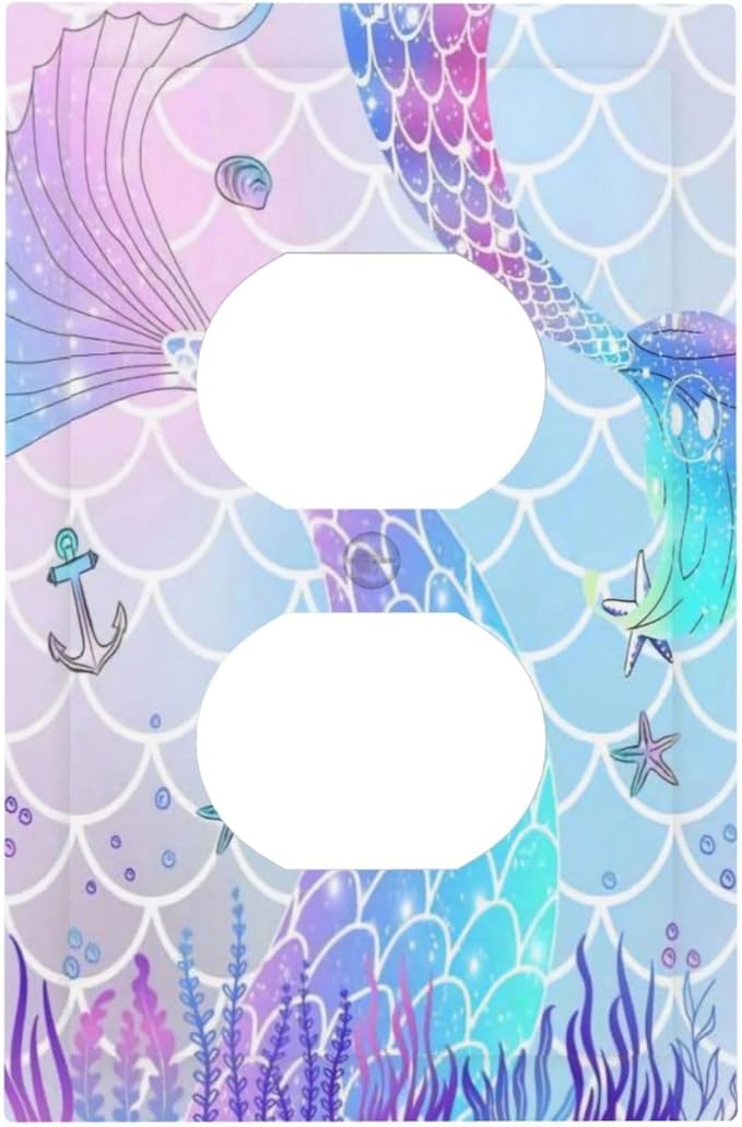 1 Gang Single Duplex Receptacle Outlet Cover Colorful Kid Girls Purple Pink Mermaid Tail Scales Starfish Electrical Wall Plate One Gang Dual Device Light Switch Faceplate Socket Plug Cover No Glitter