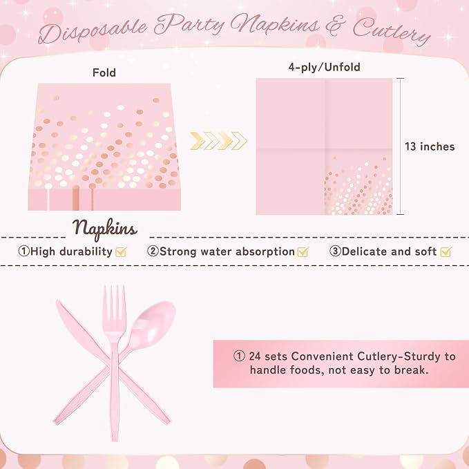 Pink and Rose Gold Dots Plates Set for 24 Guests, 168PCS Disposable Dinnerware,Party Supplies Paper Plates Napkins Cups Pink Cutlery for Birthday Baby Shower Wedding Bridal Anniversary Party