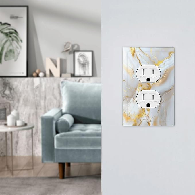 Decorative Outlet Covers Abstract Gold Marble Design with White & Gold 1 Gang Duplex Light Switch Cover Plate Unique Wall Plates Switchplate Cover for Modern Luxurious Decor