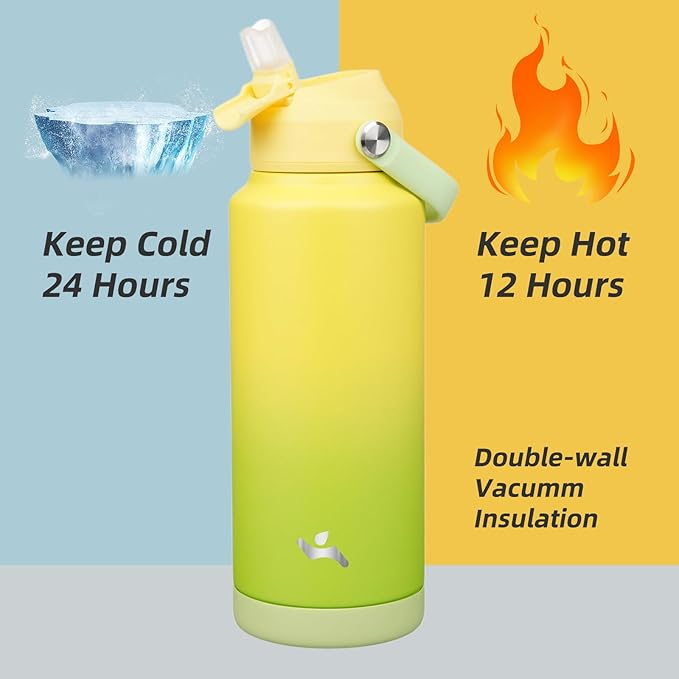 Konokyo Insulated Water Bottle with Straw Lid,32 oz Stainless Steel Vacuum Metal Bottle with Silicone Handle,Lime