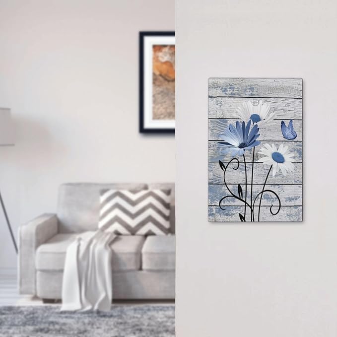Blue White Daisy Flower Butterfly Rustic Wood Board Light Switch Cover Plate 1 Gang No Device Blank Electrical Wall Plates Faceplate Decorative Switch Plate Covers for Farmhouse Bedroom Decor