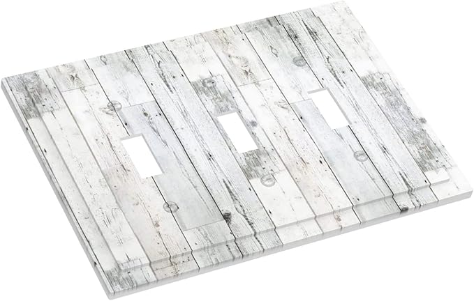 Grey White Wood 3 Gang Triple Toggle Light Switch Wall Plate Cover Decorative Electrical Faceplate for Rustic Barn Door Home Living Room Decorate 6.7" x 4.8