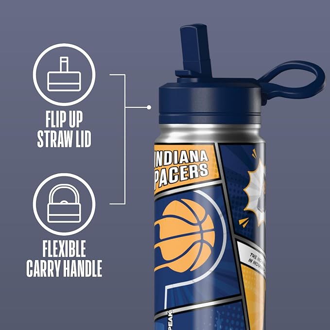 Hydrapeak x NBA Indiana Pacers 20 oz Stainless Steel Water Bottle, Officially Licensed Double Wall Insulated Sports Bottle with Straw Lid, Reusable Leakproof Gift for Kids & Adults