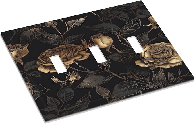 Black Floral Dark Vintage Gold Rose Flower Decorative Switch Plates 3 Gang Wall Plate Triple Toggle Light Switch Cover Faceplate Electrical Wall Panels for Bedroom Living Room Decor