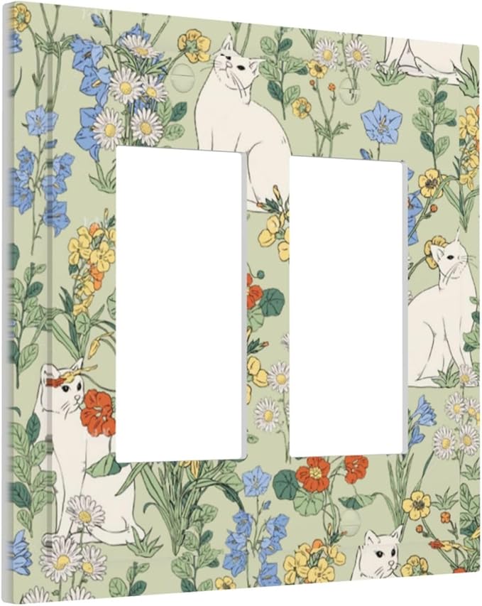 Decorative Outlet Covers Vintage Floral Cute Cat Colorful Flowers 2 Gang Double Gfci Rocker Electrical Wall Panels Light Switch Cover Plate For Bed Room Living Room Decor