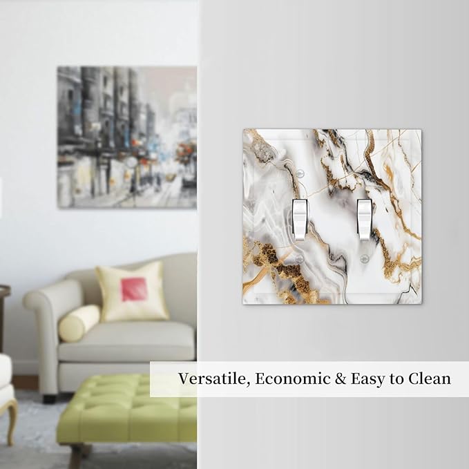 Luxurious Marble Abstract White Gold Tile Modern Simplicity Decorative Switch Plates 2 Gang Double Toggle Outlet Light Switch Cover Wall Plate Electrical Faceplate for Bathroom Kitchen Decor