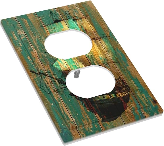 Outlet Covers Rustic Green Wood Grain Sailboat 1 Gang Duplex Light Switch Cover Electrical Receptacle Faceplate Wall Plate Decorative Switch Plates for Farmhouse Bedroom Decor