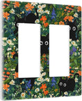 Funny Boho Cute Black Pets Cats Paw 2 Gang Double Decorator GFCI/Rocker Wall Plate Cool Lovely Kawaii Garden Kitties Cartoon Electrical Outlet Decorative Receptacle Cover Light Switch for Dimmer, USB
