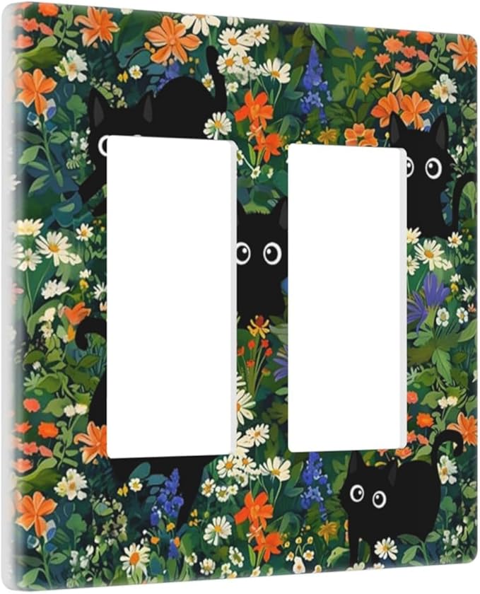 Funny Boho Cute Black Pets Cats Paw 2 Gang Double Decorator GFCI/Rocker Wall Plate Cool Lovely Kawaii Garden Kitties Cartoon Electrical Outlet Decorative Receptacle Cover Light Switch for Dimmer, USB