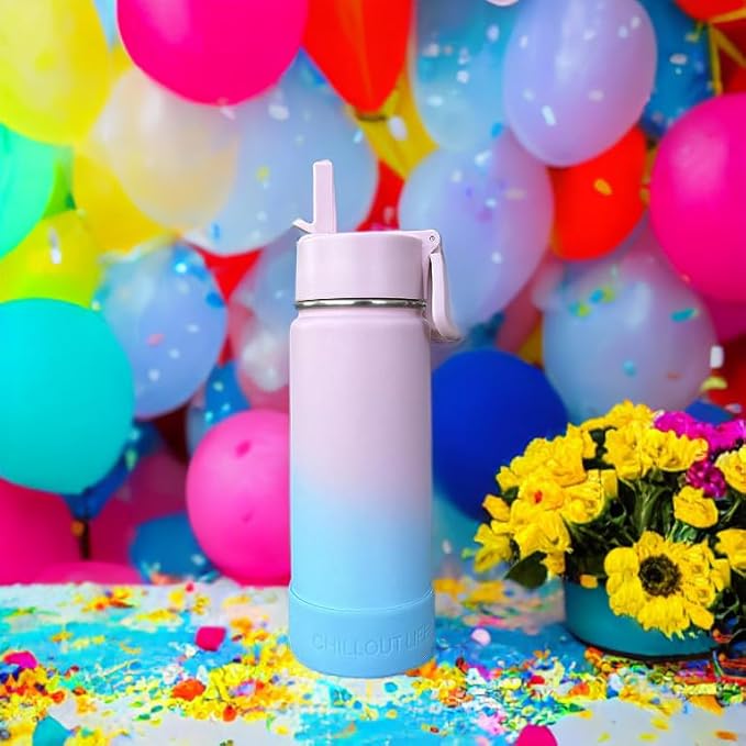 CHILLOUT LIFE 17 oz Kids Insulated Water Bottle for School with Straw Lid Leakproof and Cute Waterproof Stickers, Personalized Stainless Steel Thermos Flask Metal Water Bottle for Girls & Boys