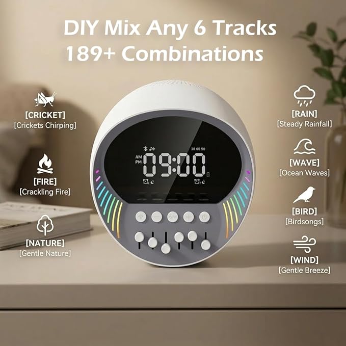 White Noise Sound Machine with Bluetooth Speaker, 6 Mixable Nature Sounds & 6-Color Night Light, Alarm Clock, Sleep Timer for Adults, Kids, Baby Sleeping, Bedroom, Office