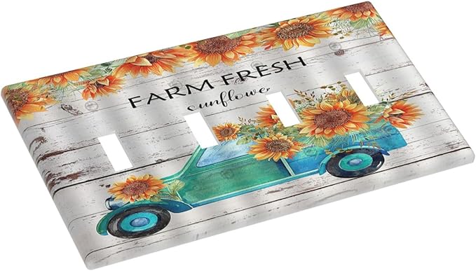 Decorative Switch Plate Covers Teal Farm Truck Pulling Sunflowers 4 Gang Wall Plate Light Switch Cover Plate Quad Toggle Jumbo Electrical Faceplate for Farmhouse Bathroom Bedroom Home Decor