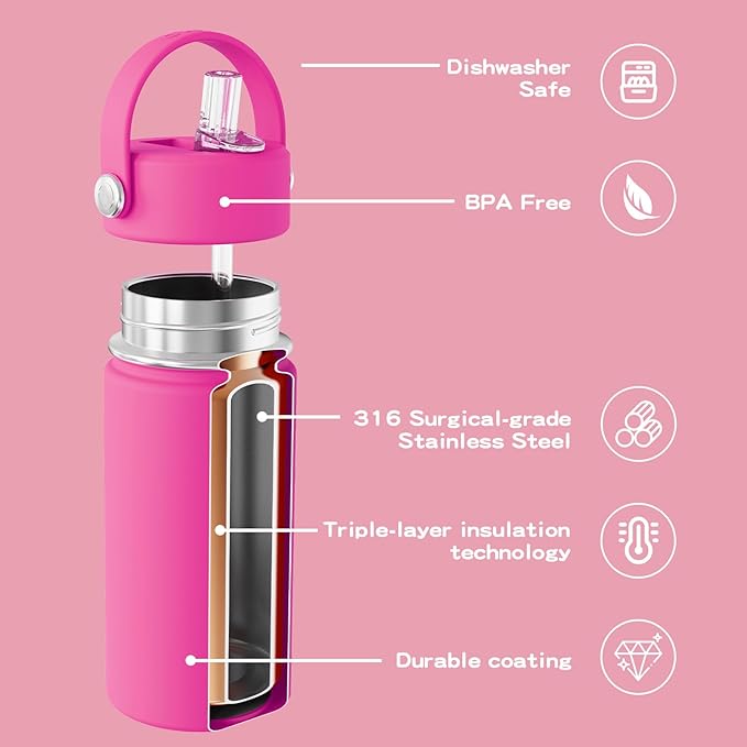 OISIZ Kids Water Bottle with Straw Lid 14oz, Vacuum Insulated Bottles 316 Stainless Steel for School, Leakproof, BPA Free and Keep Cold for 24 Hours