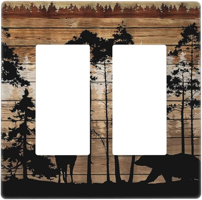 Hunting Forest Deer Bear 2 Gang Double GFCI Rocker Rocker/Decorator Light Switch Cover Decorative Outlet Wall Plate Electrical Faceplate Screwless