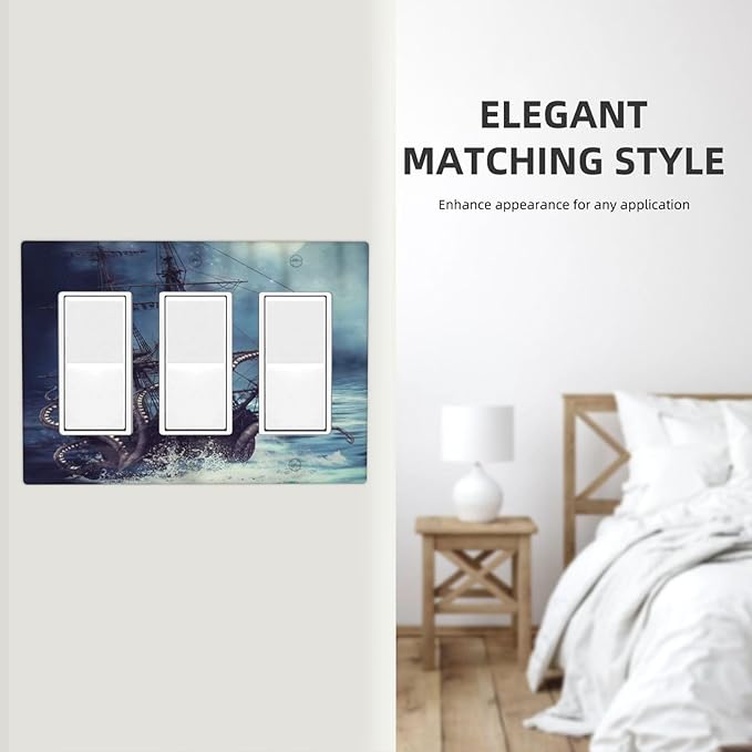 Octopus Ocean Kraken Nautical Pirate Ship 3 Gang Rocker Light Switch Covers Decorative Unique Triple Outlet Wall Plate Cover Faceplate Decorative Switchplate GFCI for Kitchen Bedroom Decor