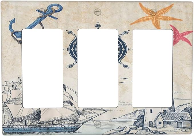Nautical Sailboat Beach Anchor Pirate Beacon Ocean 3 Gang Rocker Light Switch Covers Decorative Triple Outlet Wall Plate Cover Faceplate Decorative Switchplate GFCI for Farmhouse Bathroom Decor
