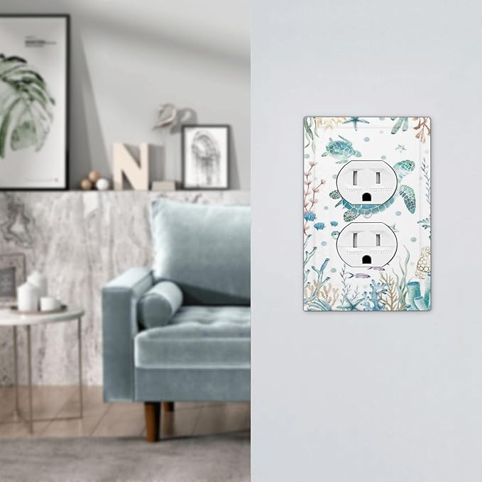 Sea Turtle Ocean Starfish Fish Coral Pearl Outlet Covers 1 Gang Duplex Light Switch Cover Decorative Switch Plates Electrical Receptacle Faceplate Wall Plate for Bathroom Kids Room Decor