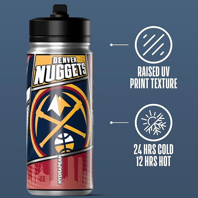 Hydrapeak x NBA Denver Nuggets 20 oz Stainless Steel Water Bottle, Officially Licensed Double Wall Insulated Sports Bottle with Straw Lid, Reusable Leakproof Gift for Kids & Adults