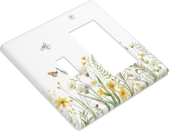 Colorful Wildflowers Dragonfly Butterfly Floral Outlet Covers 1 Toggle 1 Rocker Combination Decorative Wall Plate Electrical Switch Plates Light Switch Cover Plate for Bedroom Living Room Decor