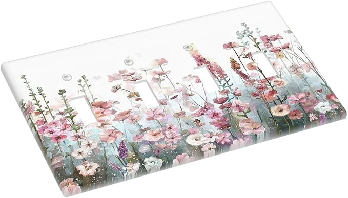 Colorful Flowers Pink Floral Watercolor Plant Light Switch Covers Quad Toggle Electrical Faceplate 4 Gang Wall Plate Decorative Switch Plates for Bed Room Living Room Decor