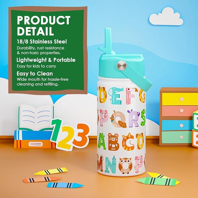 SANDJEST Alphabet Kids Water Bottle with Straw Lid 12oz Insulated Stainless Steel, Travel Tumbler, Animal Gifts for Boys Girls, Birthday, Christmas, Back to School
