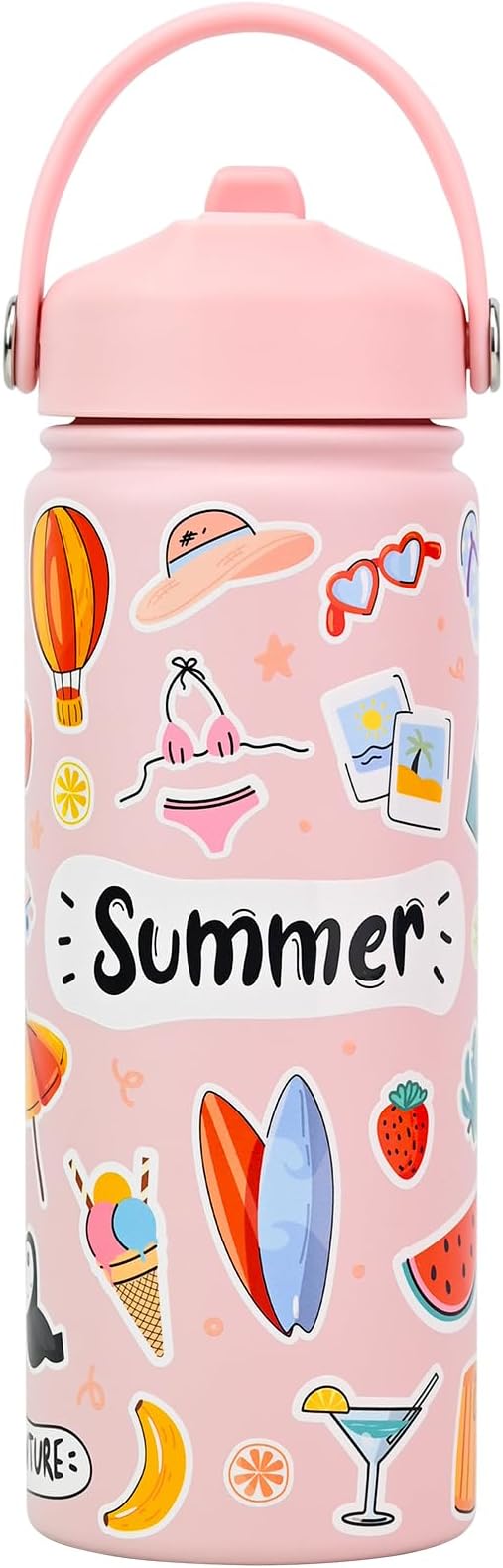 KEWIXY 18 oz Insulated Water Bottle with Straw, Leak Proof, Stainless Steel with Handle, Reusable, Metal, Cup Holder Fit, for Travel, Gym and School (Summer Pink)