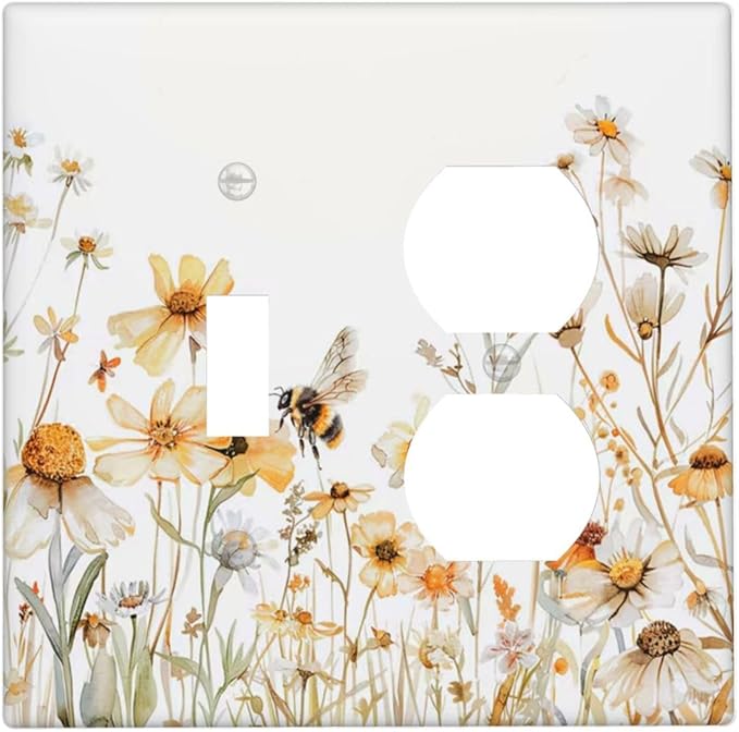 Yellow White Daisy Floral Bee Wild Flower Wallplates 1 Toggle 1 Duplex Switch Plate Electrical GFCI Faceplate Decorative Light Switch Covers for Bedroom Living Room Decor