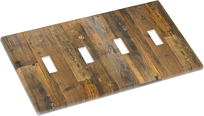 Brown Wood Vintage Rustic Old Board Light Switch Covers Quad Toggle Electrical Faceplate 4 Gang Wall Plate Decorative Switch Plates for Farmhouse Home Decor