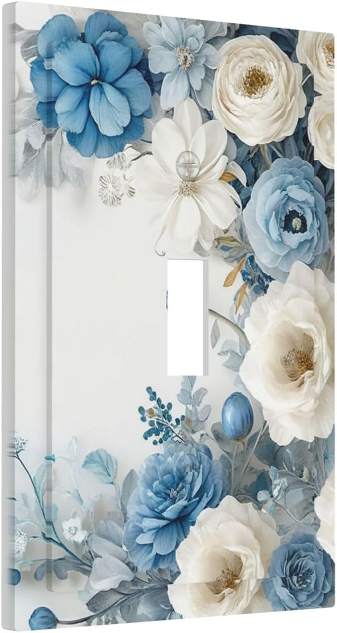 Decorative Light Switch Cover Blue Rose White Flowers Rustic Floral 1 Gang Wall Plate Oversized Single Toggle Wall Cover Jumbo Electrical Switchplate Face