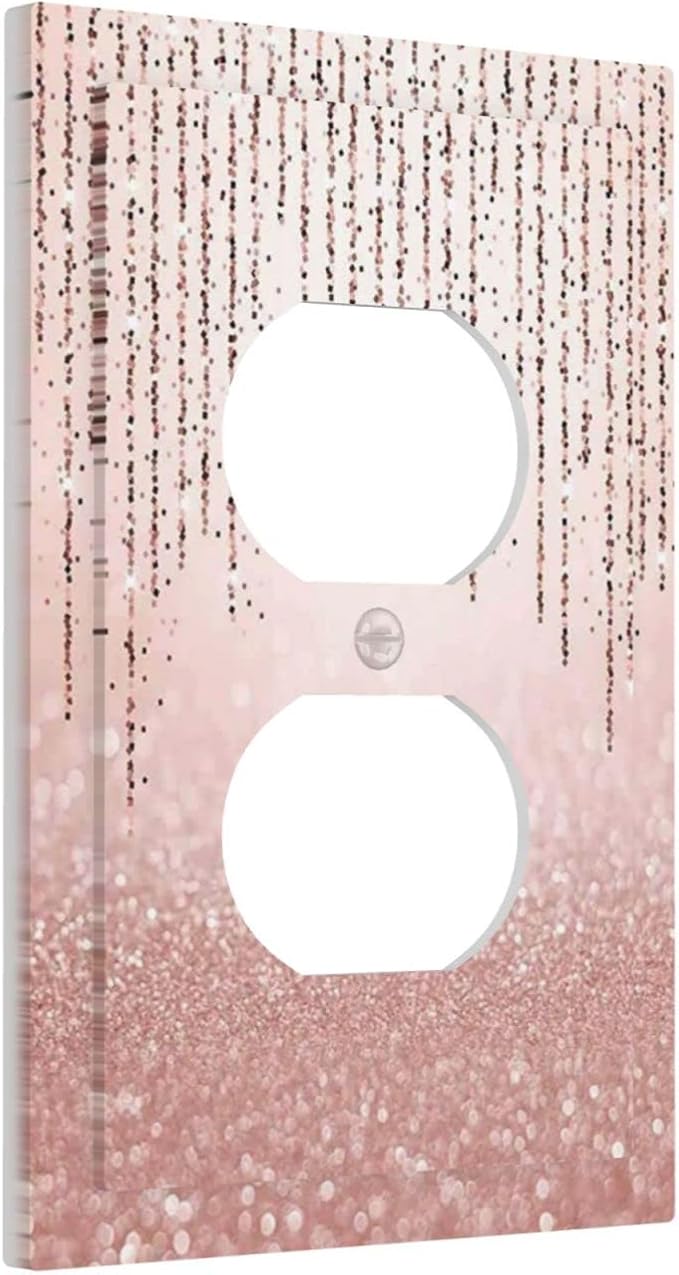 Beautiful Pink Glitter Rose Gold Glitter 1 Gang Duplex Light Switch Cover Decorative Outlet Covers Wall Plate Electrical Faceplate Receptacle Switchplate Girls Ladies Women Bathroom Kitchen Home Decor
