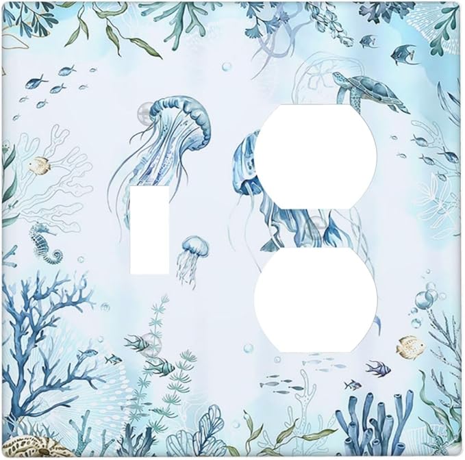 Wallplates Jellyfish Teal Blue Ocean Turtle Coastal Beach 1 Toggle 1 Duplex Switch Plate Electrical GFCI Faceplate Decorative Light Switch Covers for Bedroom Bathroom Decor