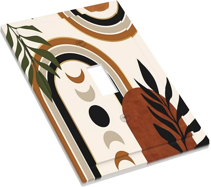 Boho Mid Century Arch Plant Leaves Sun Moon Decorative Light Switch Cover 1 Gang Single Toggle Device Electrical Faceplate Switchplates Decorator Outlet Wall Plate for Bedroom Living Room Decor