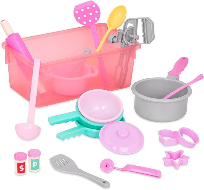 Battat – Play Circle – Cooking & Baking Playset – Hand Mixer, Rolling Pin, Ladle, Spatulas & More – Storage Bin – Kitchen & Cooking Toys for Kids – 3+ Years– Dinner for Eight Cookware